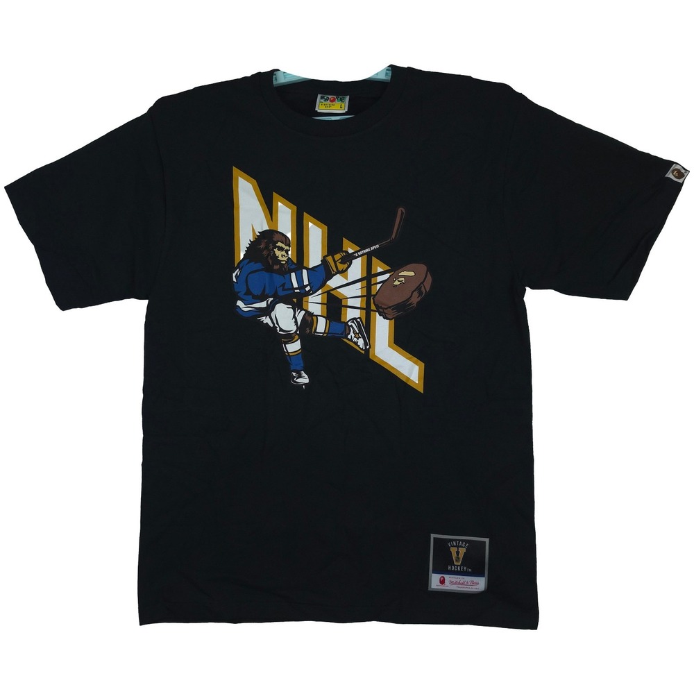 BAPE A Bathing Ape Mitchell & Ness NHL Shirt Large Hockey Puck Shot Black NWT